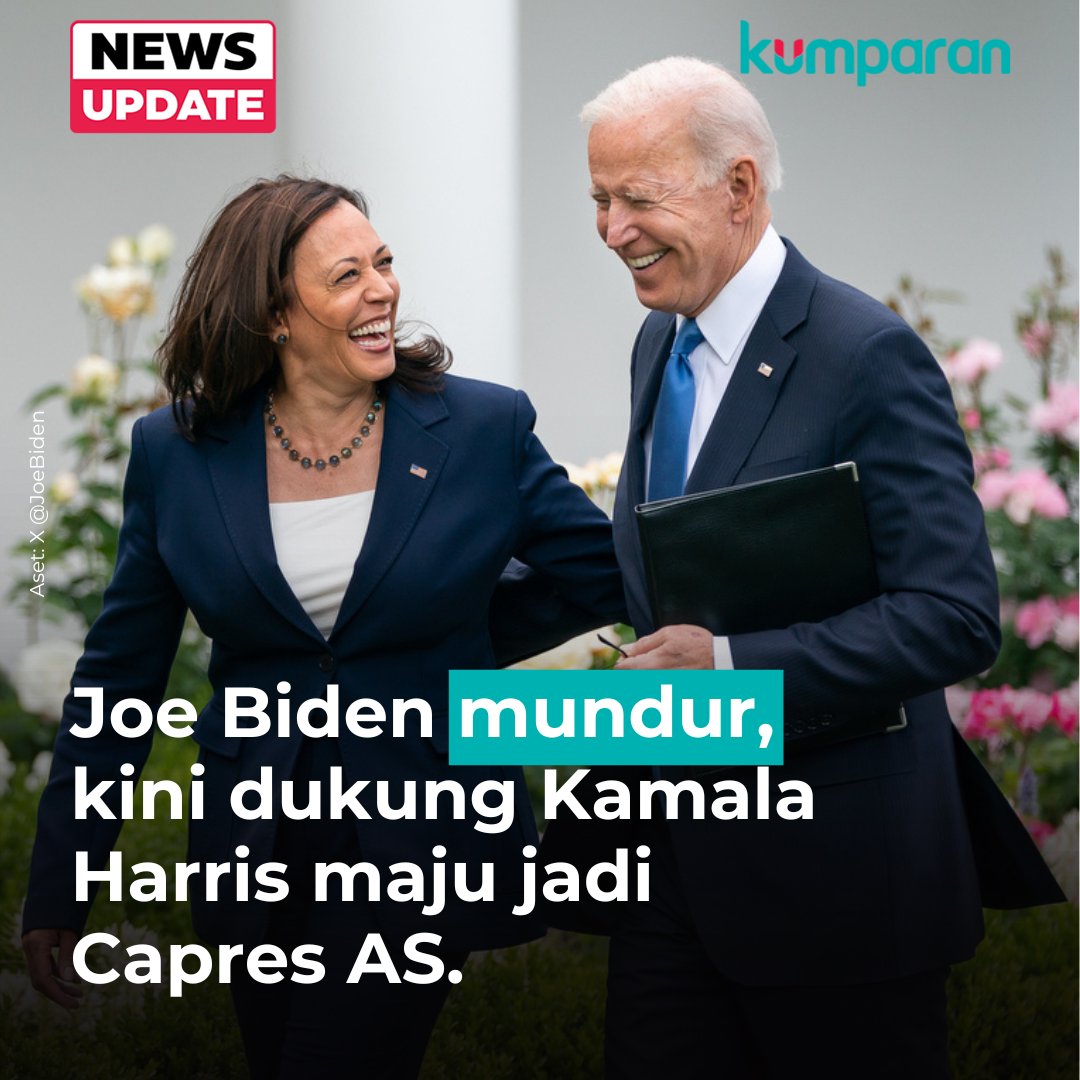 kumparan's tweet photo. Joe Biden mengumumkan dukungannya untuk Kamala Harris maju sebagai kandidat presiden AS 2024 setelah memutuskan mundur dari pencalonan. Pengumuman ini disampaikan melalui akun X-nya. #newsupdate #update #news #oneliner https://t.co/HE6O2ZmkHg https://t.co/vVWKntL57Q
