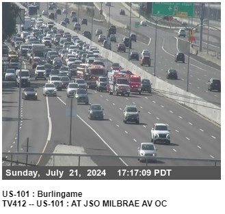 KCBSAMFMTraffic's tweet photo. #Millbrae #KCBSTrafficAdvisory Southbound #Highway101 at Millbrae Ave. Three car crash blocking the three left lanes. Heavy traffic from Interstate380 in #SanBruno. #KCBSTraffic
Photo: CalTrans https://t.co/Eq0w5tkEsZ