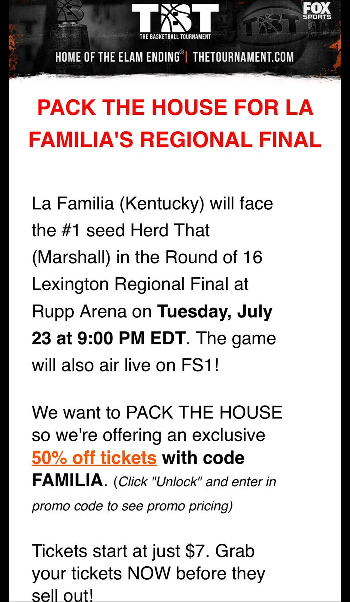 AllUKBall_HPS's tweet photo. Here you Go #BBN!!
Half off Tickets for the Lexington Regional Final. Time to pack out @Rupp_Arena to support the @LaFamiliaTBT https://t.co/1D81PAoWIa