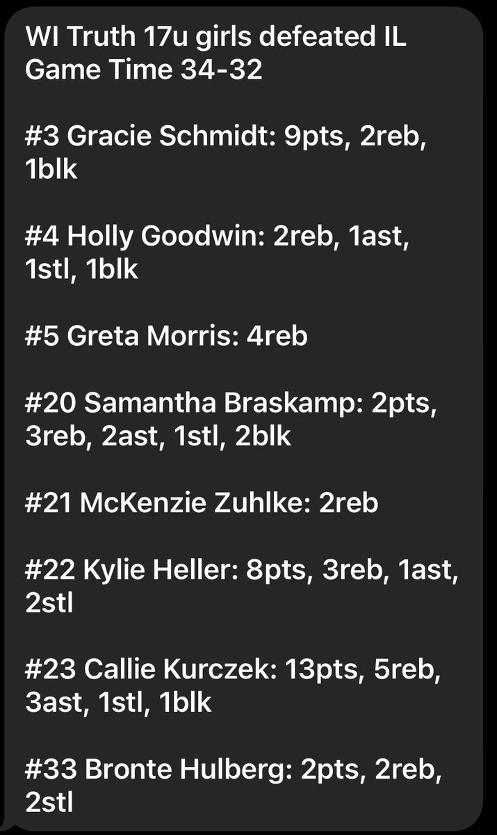 WI Truth 17u girls defeated IL Game Time 34-32.

<a href="/PGHWisconsin/">𝐏𝐫𝐞𝐩 𝐆𝐢𝐫𝐥𝐬 𝐇𝐨𝐨𝐩𝐬 𝐖𝐢𝐬𝐜𝐨𝐧𝐬𝐢𝐧</a> <a href="/JrAllStarWI/">Wisconsin Jr. All-Star GBB</a> <a href="/AsherScouting/">Asher Scouting</a> <a href="/TheMRR7/">The Midwest Recruiting Resource</a> <a href="/MHS_Girls_/">Midwest Hoops Spotlight</a> <a href="/PGHBrooks/">Jeremy Brooks</a> <a href="/FiveStateHoops/">Five State Hoops</a>