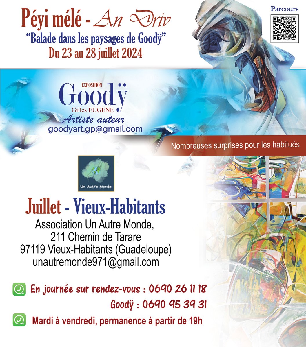 Goodyart's tweet photo. Bonjour
EXPOSITION à Tarare (Vieux-Habitants en Guadeloupe)
📷https://t.co/iccaH4VsXx
📷 Pour prendre rendez-vous, contactez Goodÿ via WhatsApp de préférence : 0690 95-3931
📷 Quelques surprises en perspective
Bien à vous tous,
Goodÿ - Gilles EUGENE
https://t.co/smJmJtB9lQ https://t.co/34ikMus3xI
