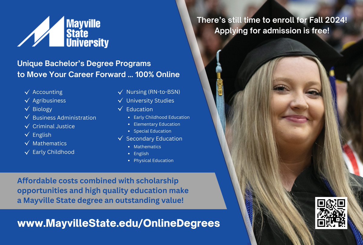 mayvillestate's tweet photo. Are you or someone you know is still looking to attend college this fall? Well it’s not too late, Mayville State University is still taking applications for the Fall of 2024 and applying for admission is free!

If interested click on the link to apply now: https://t.co/YjDzM1KGm1 https://t.co/FUJI7MlG3Y