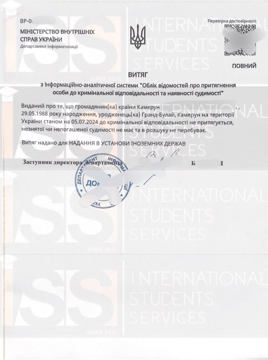 StudyIss's tweet photo. Police ๐ฎโโ๏ธ clearance issued for client from Cameroon ๐จ๐ฒ (police character certificate)
For more information contact:
+380 (68) 529 9696
+380 (50) 050 00 90
+380 (50) 883 67 00
https://t.co/CifOvdVxGY
#Cameroon #police-clearance #Ukraine #KNMU #studyinukraine https://t.co/0he33mQ0cA