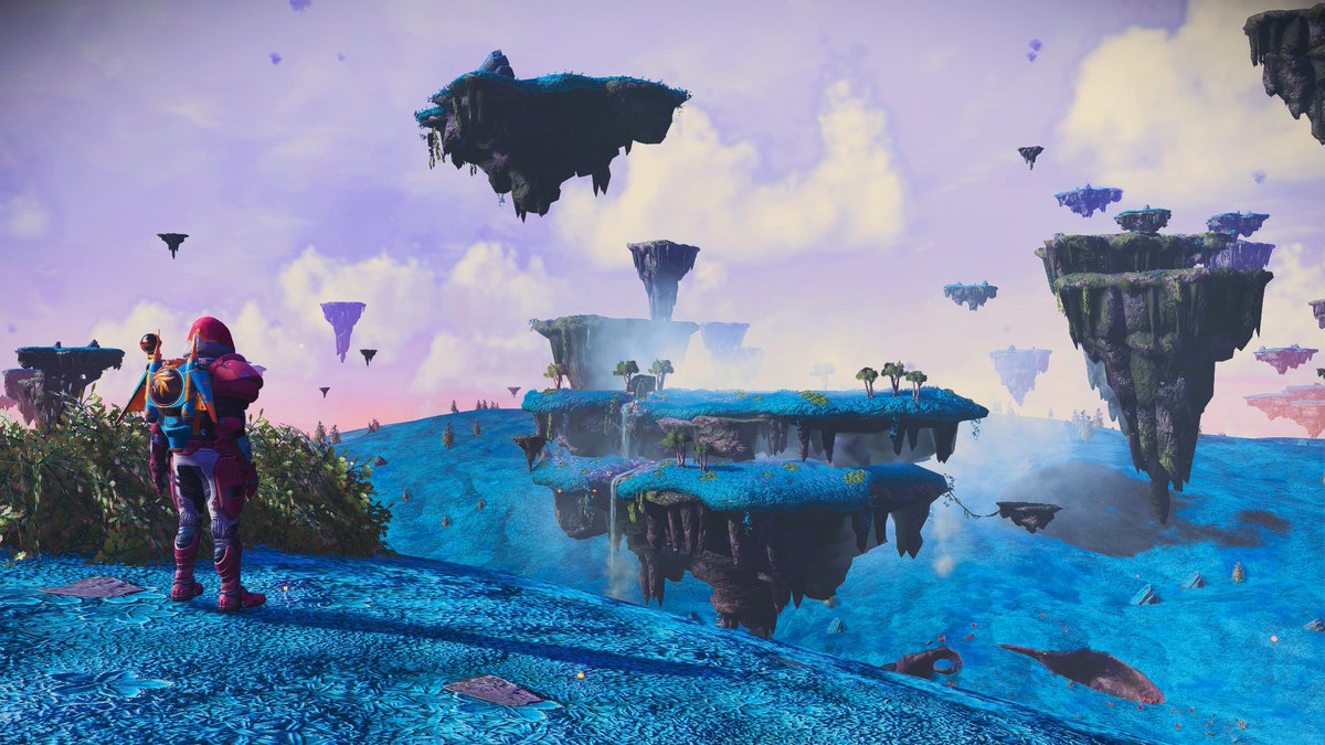 RedTilIDie7's tweet photo. (Eissentam) Paradise planet that has floating islands with waterfalls, blue grass, purple-ish skies &amp; mini-diplos.

#NoMansSky #NoMansSkyWorlds https://t.co/CGTxocA4TZ