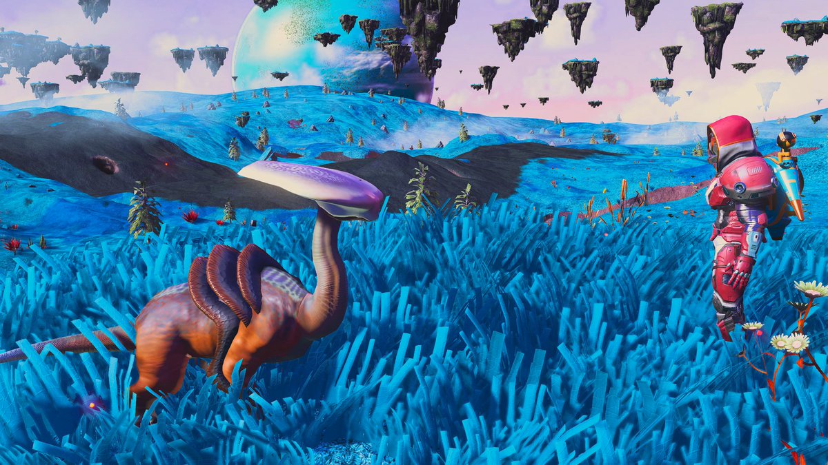 RedTilIDie7's tweet photo. (Eissentam) Paradise planet that has floating islands with waterfalls, blue grass, purple-ish skies &amp; mini-diplos.

#NoMansSky #NoMansSkyWorlds https://t.co/CGTxocA4TZ