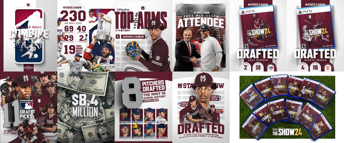 JohnSwinney15's tweet photo. The 2024 MLB Draft look

Pre draft graphics from the combine to night of followed up with actual printed game cases of each guy that was drafted. Lots of planning with @bkiker_ and @TravisRae paid off to showcase our NCAA leading 11 players drafted. https://t.co/Ek7ZlV75J8
