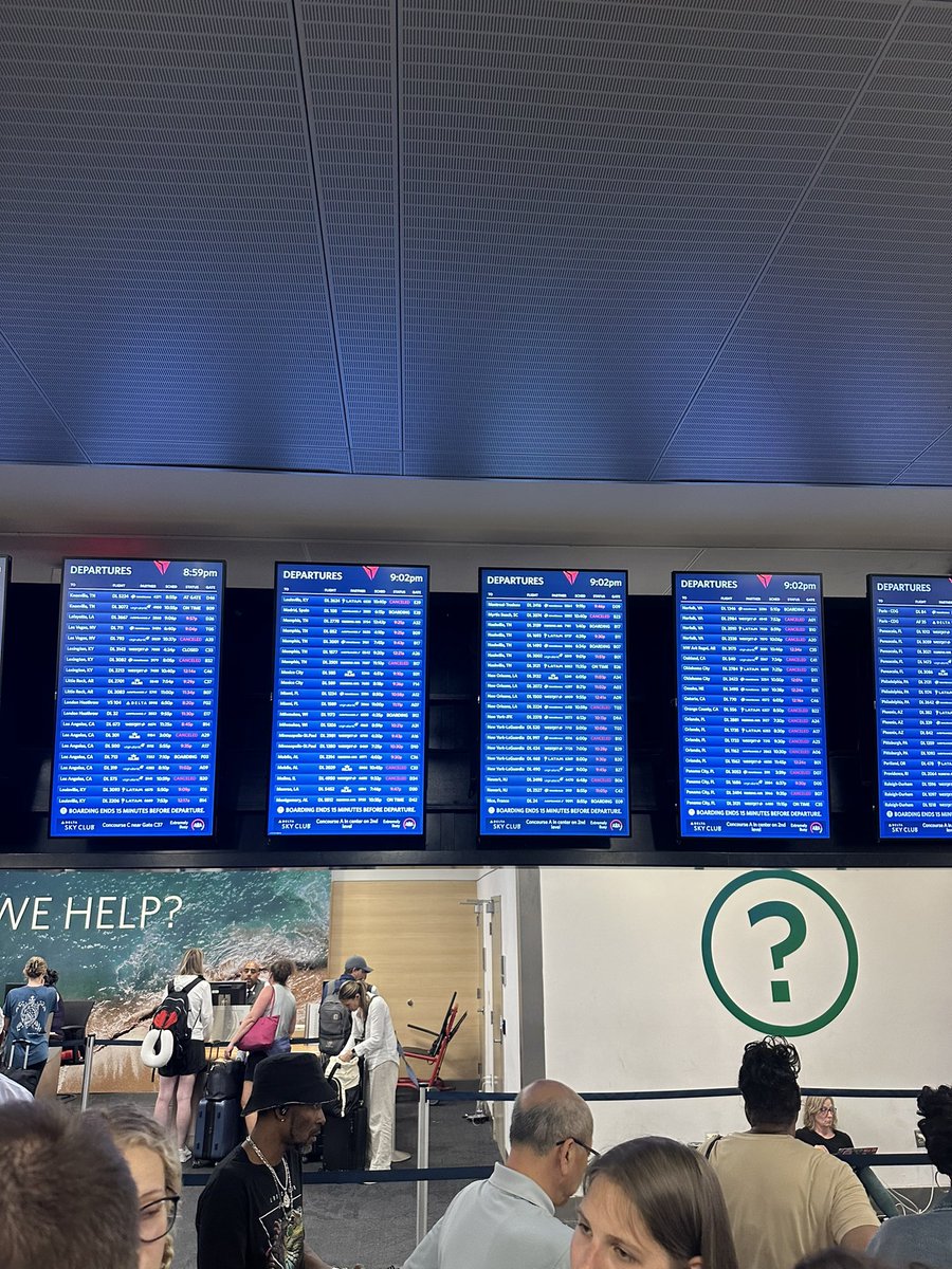 60 hours after <a href="/CrowdStrike/">CrowdStrike</a> struck — and <a href="/Delta/">Delta</a> still has literally EVERY flight at <a href="/HartsfieldATL/">Hartsfield-Jackson</a> delayed or cancelled on a Sunday.  200 people in Terminal B’s “How can we help line?” (I think we know the answer to that…)