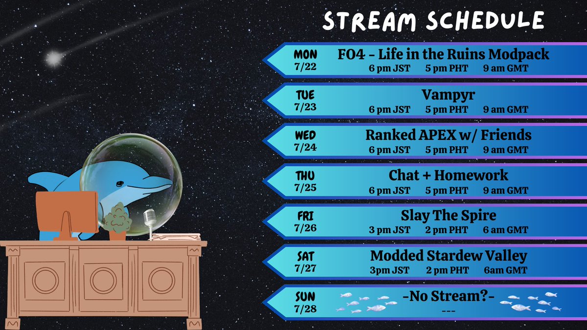 Stream Schedule 7/22 - 7/28

Was a lil late to post this but ye... here it is...

Y'know, was gonna say something fancy bout schedule changes... but there's nothing changed...

So I guess I'll see y'all later this week...

youtube.com/channel/UCrRyl…