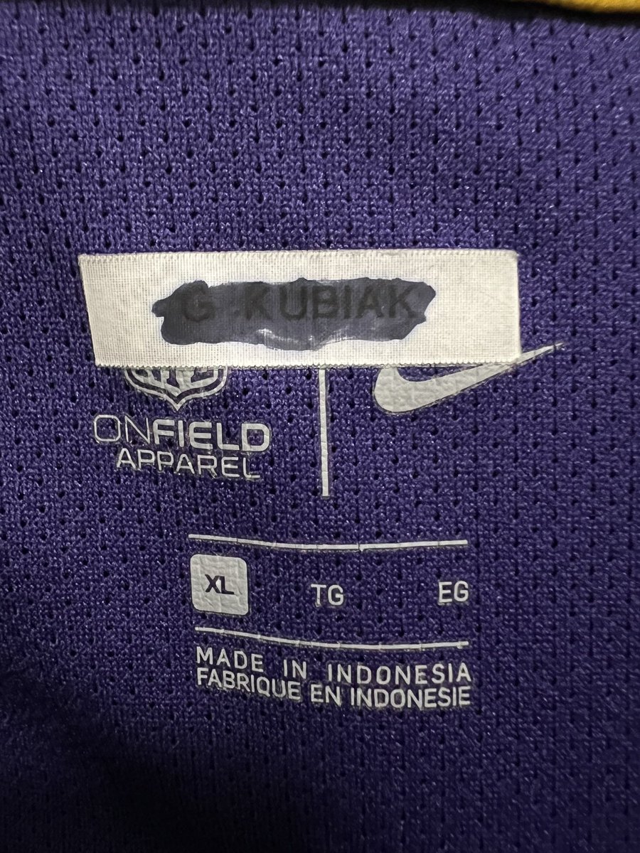 henningreta's tweet photo. Went thrifting yesterday and saw this bad boy up by the registers. Quickly added it to my pile and made my way towards the register. Only to get home and notice a scribbled out, label maker name tag. G Kubiak? Could it be? @Vikings #GaryKubiak #MNVikings #FiveDollarFind https://t.co/W5cSggMhY5