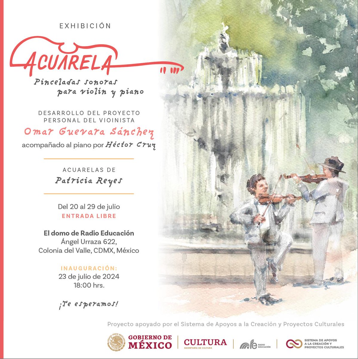 ogsviolinista's tweet photo. ¡Conoce el bellísimo arte de Acuarela!
Inauguración 23 de Julio a las 18:00 h
Un proyecto que abarca música, arte y poesía.
#radioeducacion #musicamxexicana #cdmx #artecdmx #acuarela #exposicionescdmx https://t.co/n9YB6CbmDj