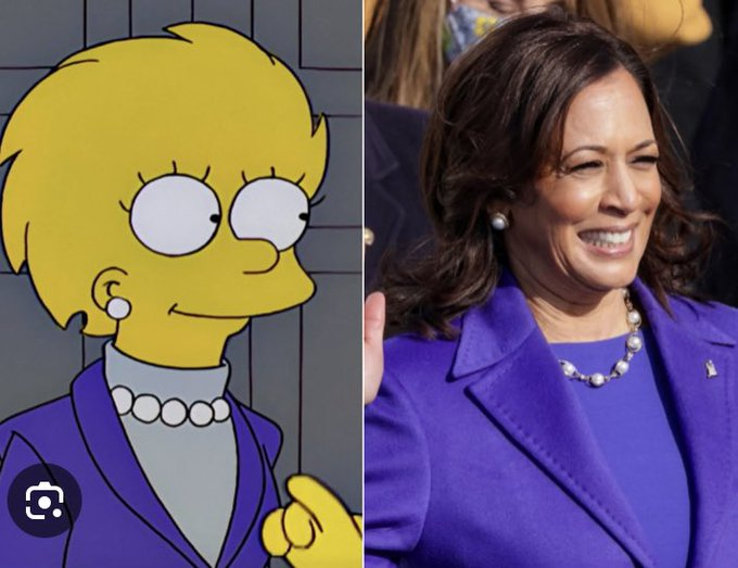 MarioNawfal's tweet photo. 🇺🇸ANOTHER 'SIMPSONS' PROPHECY?! LISA'S PRESIDENTIAL PURPLE ECHOES HARRIS

In a curious coincidence, VP Kamala Harris's 2021 inauguration outfit bore a striking resemblance to Lisa Simpson's attire in a 2000 episode where she becomes the first female president. 

Both donned purple blazers and pearl necklaces.

The similarity gained renewed attention as Biden endorsed Harris for the 2024 Democratic nomination. 

While "Simpsons" executive producer Al Jean confirmed it was unintentional, he expressed pride in the accidental foreshadowing.

As Harris potentially edges closer to the presidency, life continues its habit of imitating America's favorite prophetic animated family. 

Source: The Washington Post
