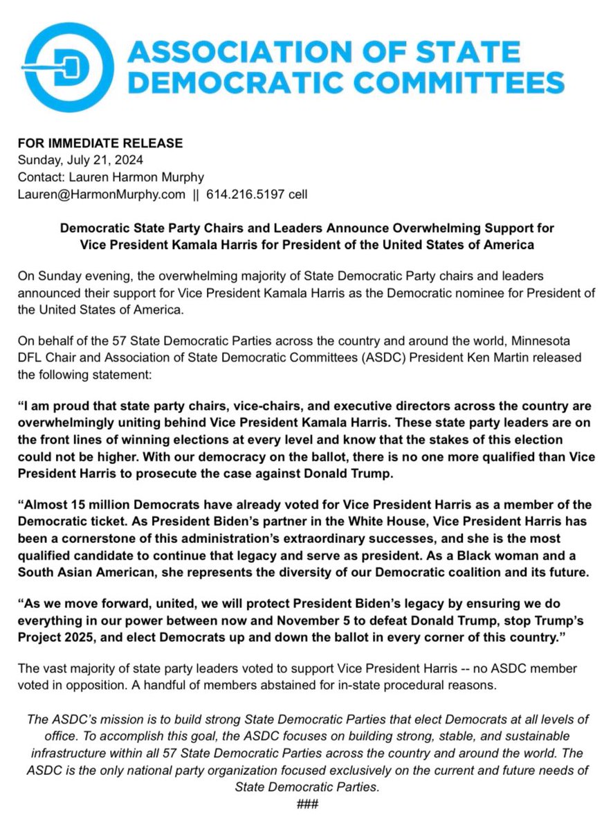 “Democratic State Party Chairs and Leaders Announce Overwhelming Support for Vice President <a href="/KamalaHarris/">Kamala Harris</a> for President of the United States of America”

- ASDC President and <a href="/MinnesotaDFL/">Minnesota DFL</a> Chair <a href="/kenmartin73/">Ken Martin</a>