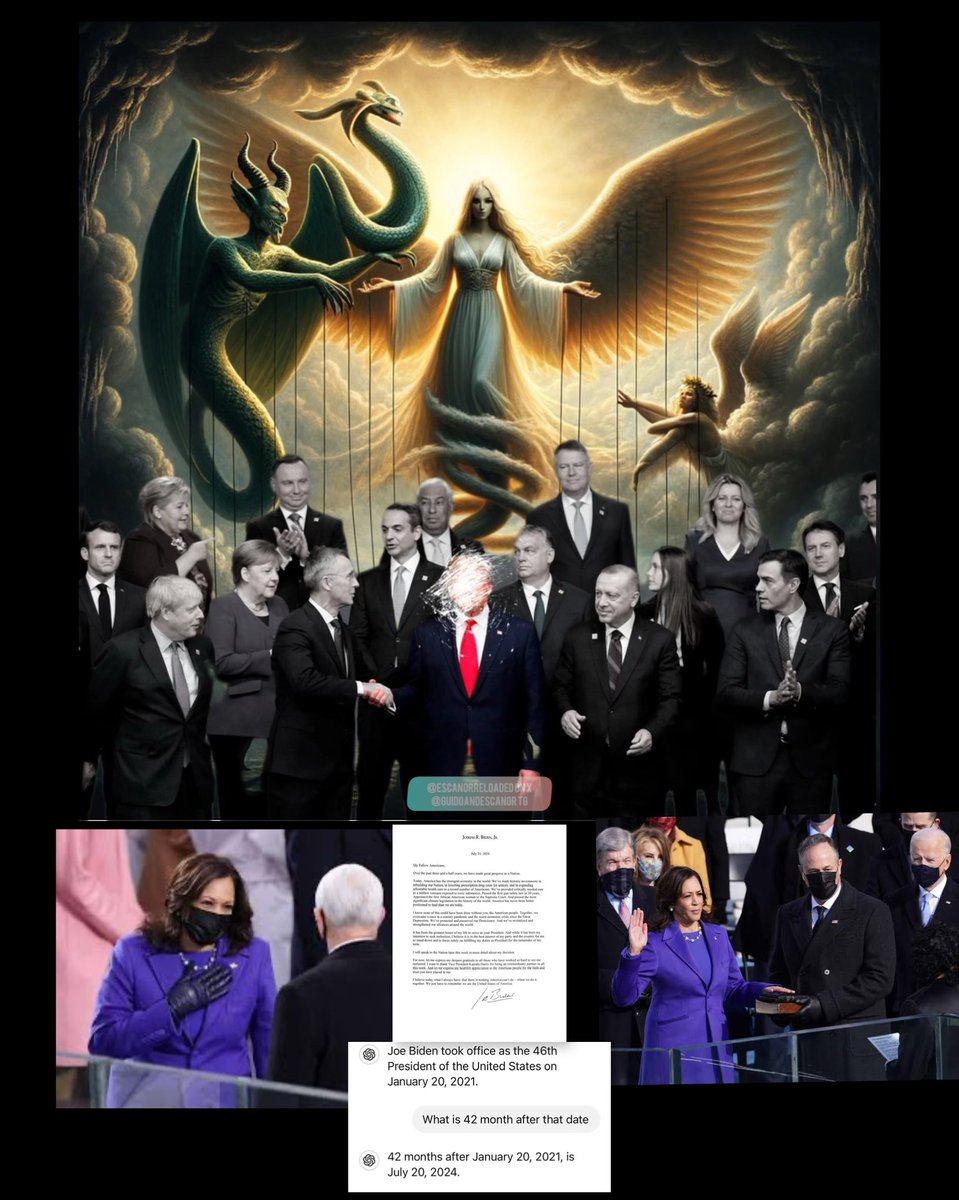EscanorReloaded's tweet photo. Revelations Confirmed? 
What are the odds Biden’s time with power was predicted and prophesied? Biblical indeed. Please read👀

Revelation 13:5 (KJV) states:
“And there was given unto him a mouth speaking great things and blasphemies; and power was given unto him to continue forty and two months.”

40 and 2 months, interesting. 
Joe Biden took office as the 46th President of the United States on January 20, 2021.
42 months later is July 20th, 2024, the next day is when Joe Biden announced he’s dropping out of the presidential election. Meaning that he held power for precisely 40 and 2 months. 

Revelation 17:4-5 (KJV) states:
“And the woman was arrayed in PURPLE and scarlet colour, and decked with gold and precious stones and pearls, having a golden cup in her hand full of abominations and filthiness of her fornication: And upon her forehead was a name written, MYSTERY, BABYLON THE GREAT, THE MOTHER OF HARLOTS AND ABOMINATIONS OF THE EARTH.”

The Harlot is a whore by definition, one that breaks a covenant, as Israel did with God. 
Could Kamala be the anthropomorphic realization of Israel, the whore of Babylon set to be conquered by The Beast?
Not for the simple fact that she is promiscuous, but because of who she will now be running against, Donald J Trump. 

And it will come to pass,
Our thirst for Justice(Revenge) will be used as a carrot to direct us against the counterfeit NWO/Cabal system, that Zionist Harlot…
And we shall rise in revolution, and fight it, under the command of the Beast. 
And from the ashes of the Harlot, the new system will be reborn, ——like the antichrist phoenix. 
The true goal of our controllers. 

Something to think about. 
#Antichrist #Trump