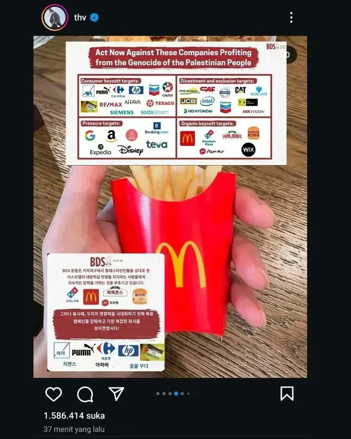 Dear V <a href="/BTS_twt/">방탄소년단</a> 
This brand sends food to the iof killing children and people in Palestine. 

Please delete this post &amp; educate yourself. We love you and want you to stand with humanity.
#SpeakYourSelfBTS