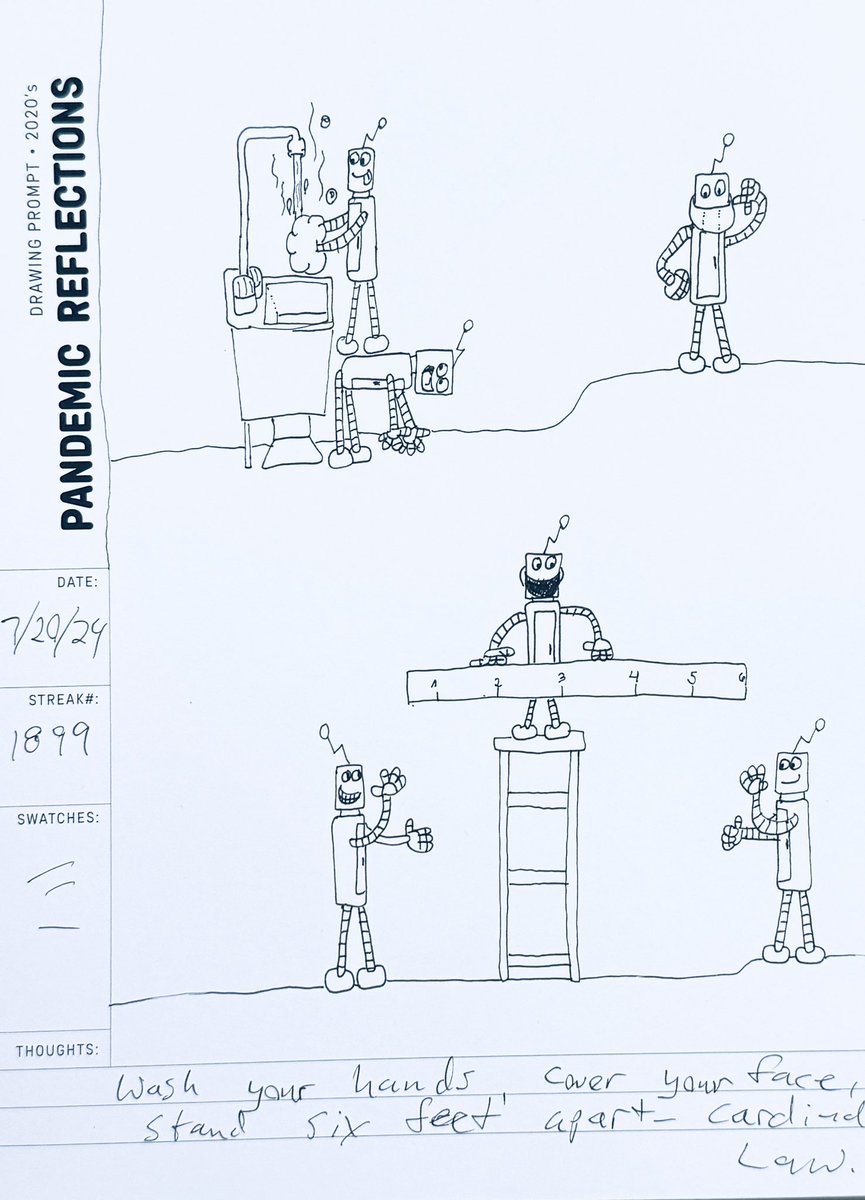 RandallAndrews1's tweet image. Day 21. Pandemic Reflections. Just your cardinal rules of a pandemic. Six feet apart, washing hands, of course wearing masks. #pandemicreflections #eras #SimpleDailyDrawing #July2024 #DrawingPrompts #Robots #frumpysketch @SDDArtCommunity