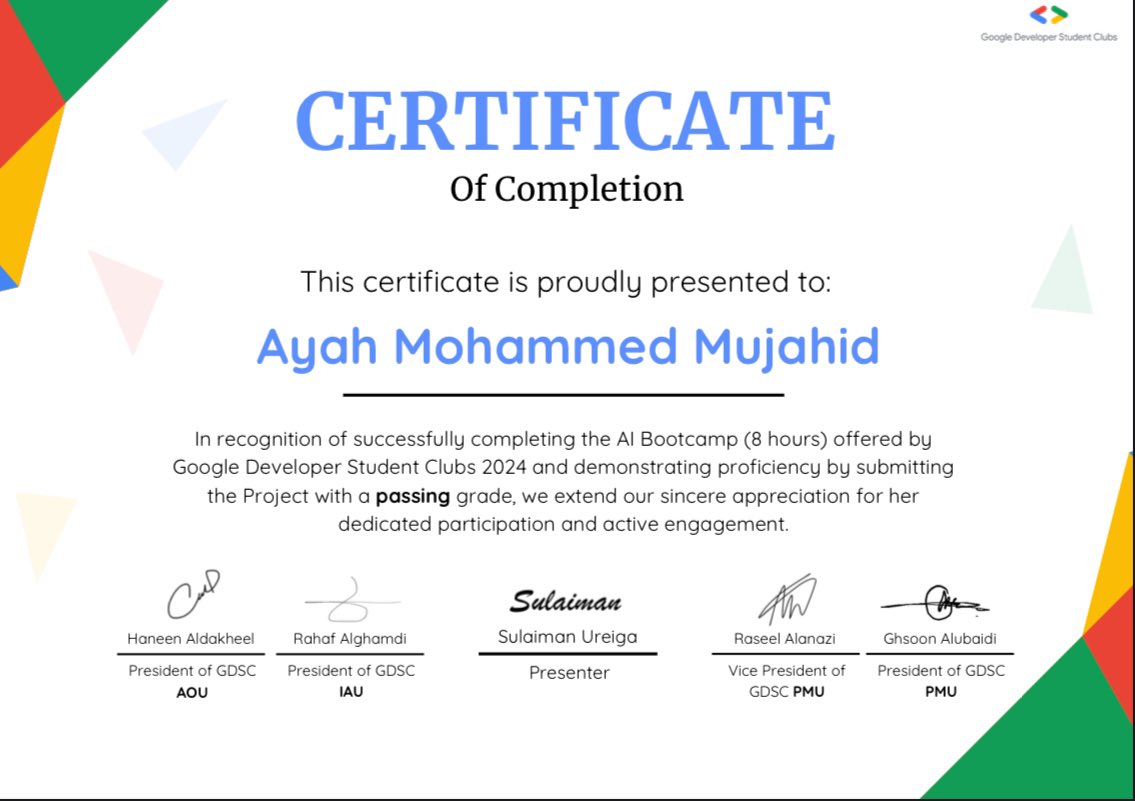 AAyah_mm's tweet image. شكرا  لي  كل القائمين على معسكر التدريب "التعلم الآلي والذكاء الاصطناعي" اللي نظمه نادي مطوري جوجل. بصراحة، المعسكر كان أكثر من رائع واستفدت منه بشكل كبير . #GoogleDeveloperStudentClub #ContinuousLearning #TechJourney #AI #DeepLearning #NeuralNetworks #DataScience #TechSkills t