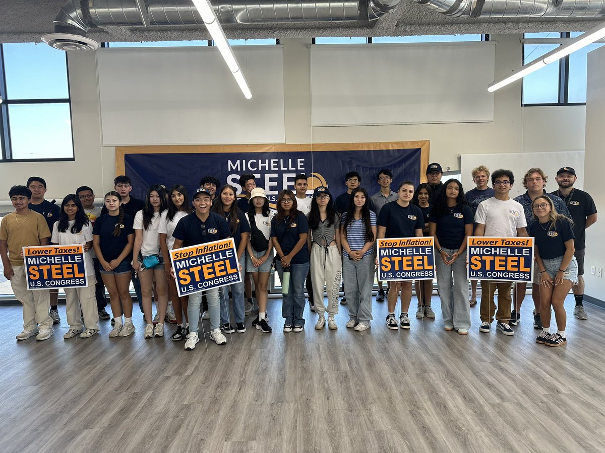 MichelleSteelCA's tweet photo. Busy day in #CA45 ! Thank you to Brea Mayor Pro Tem Blair Stewart for hosting a meet and greet for me and thank you to my interns who are working every day, talking to voters about what I am doing to lower prices for Southern California families. #StandWithSteel https://t.co/NRkCNqqEzn