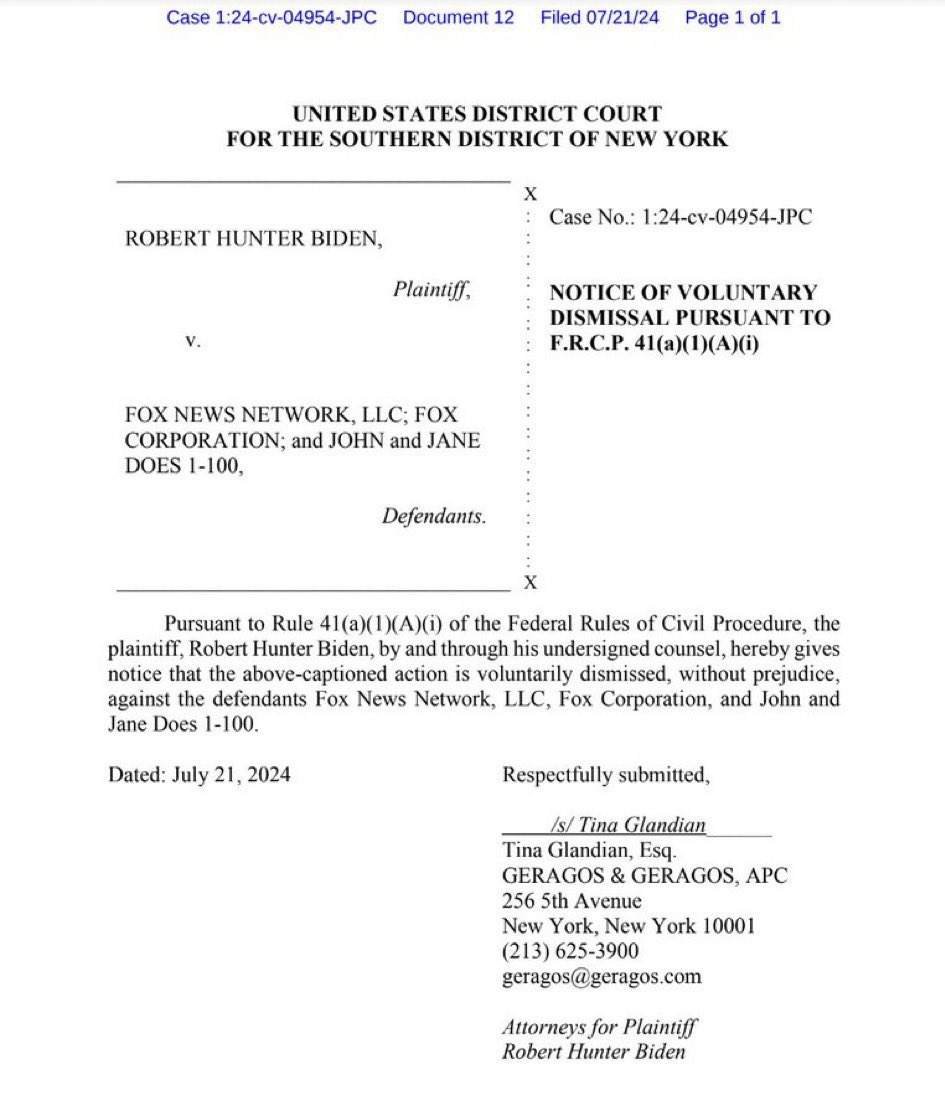 ianmiles's tweet photo. Hunter Biden just dropped his lawsuit against Fox News. https://t.co/7e79TaVNNw