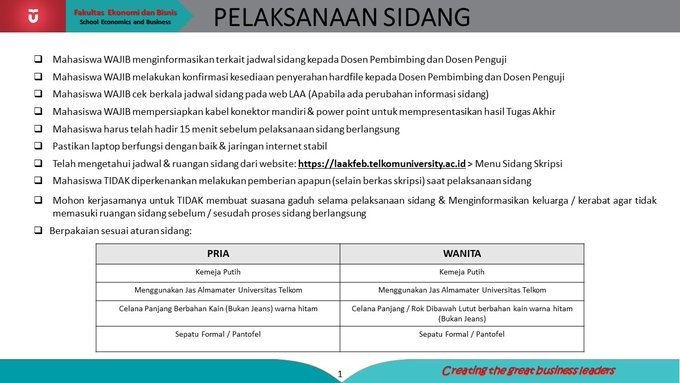 [INFO PELAKSANAAN SIDANG]          
*) Bagi mhs yg status pendaftaran sidangnya Approved pd periode 11-12 Juli 2024, cek jadwal pada link: laakfeb.telkomuniversity.ac.id > Menu Sidang Skripsi          
*) Mohon untuk konfirmasi jadwal sidang kpd pembimbing &amp; penguji