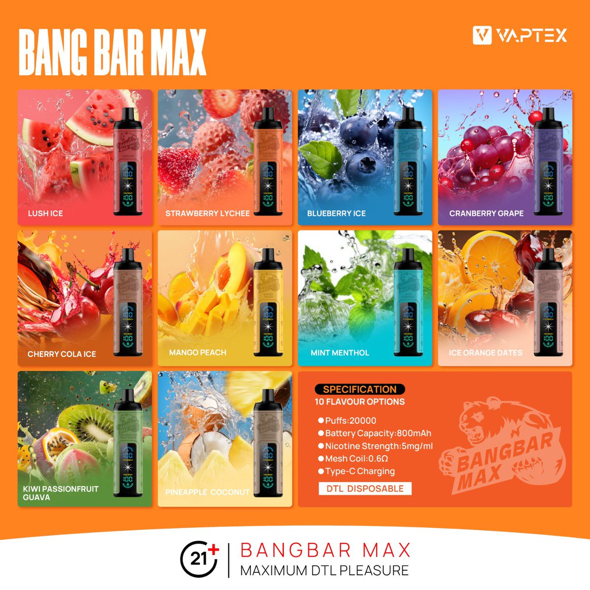 Ten flavors💨 Pick one🥰

Lush Ice
Strawberry Lychee
Blueberry Ice
Cranberry Grape
Cherry Cola Ice
Mango Peach
Mint Menthol
Ice Orange Dates
Kiwi Passionfruit Guava
Pineapple Coconut 

#bangbar #bangbarmax #vaptex #vaptexworld