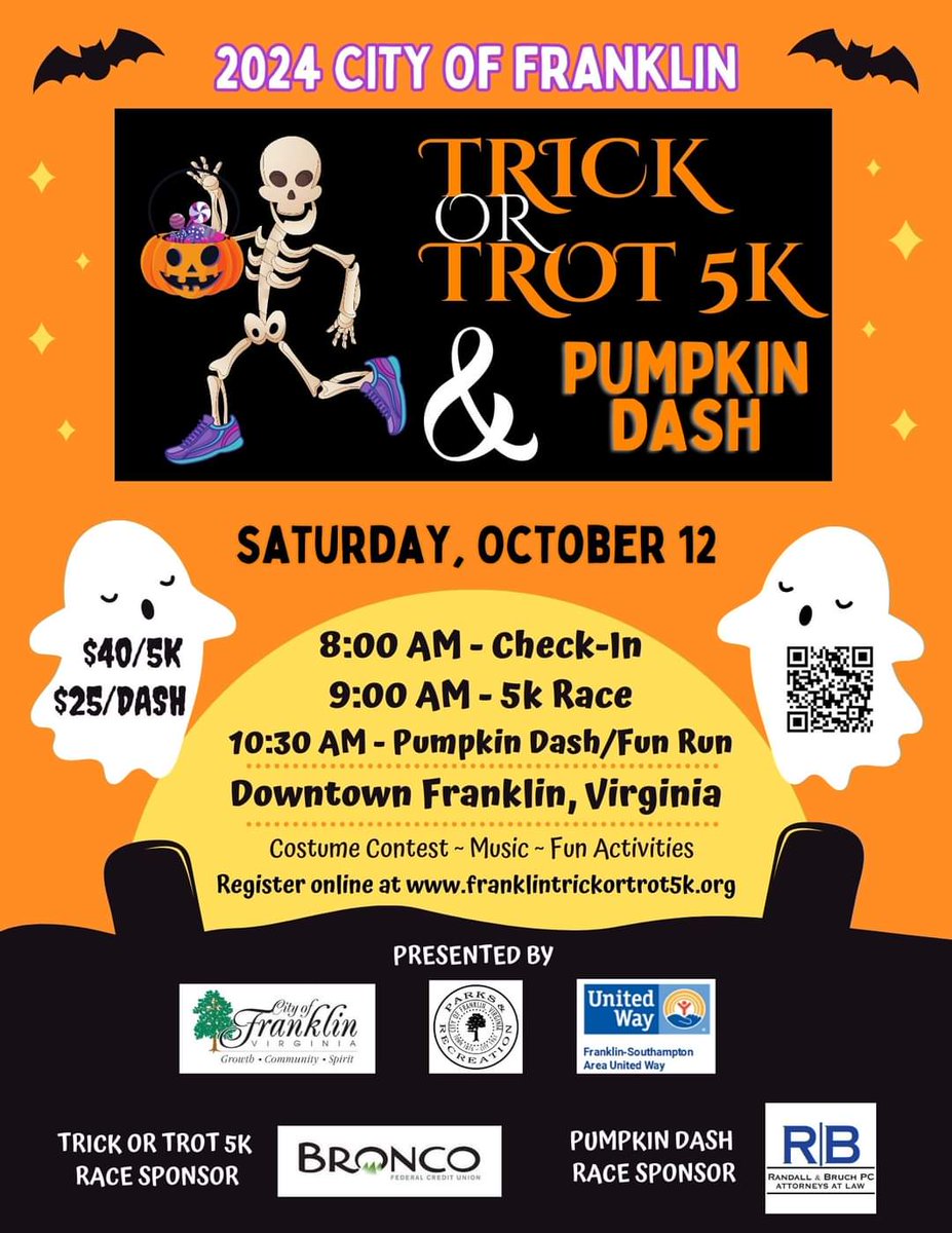fsaunitedway's tweet photo. Sign up to run the Trick or Trot 5K or run/walk in the Pumpkin Dash Fun Run sponsored at: 
https://t.co/xv6IbHgWU8...

#CityofFranklinTrickorTrot5k #CityofFranklin #FSAUnitedWay #PumpkinDash #halloweenrun #virginiaisforrunners #virginia5k https://t.co/Gr7NyUZlov