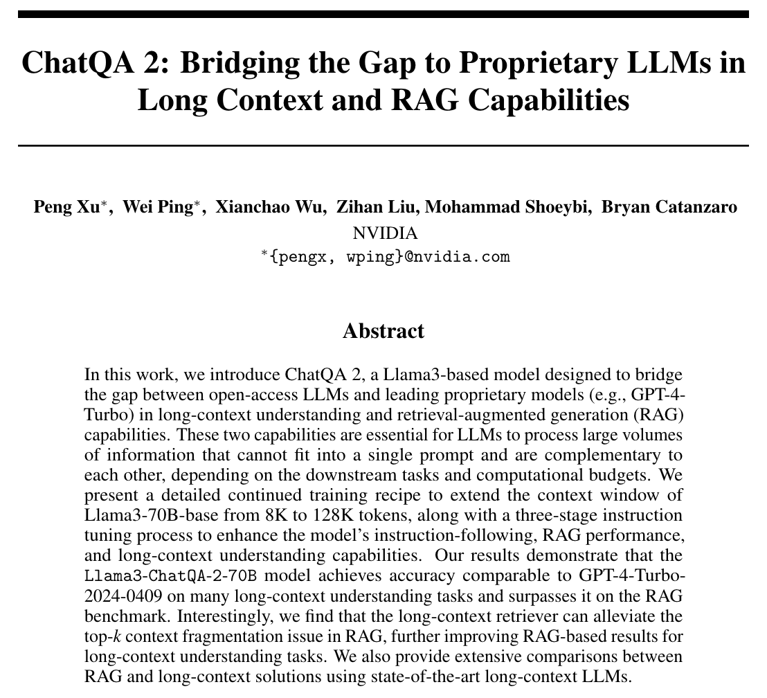 _weiping's tweet photo. Introducing ChatQA 2, a Llama3-based model with a 128K context window, designed to close the gap between open LLMs and leading proprietary models like GPT-4-Turbo in both long-context and RAG capabilities.

The long-context capability of LLMs is sometimes viewed as a rival to RAG, but from a pragmatic perspective, they complement each other. RAG efficiently retrieves relevant contexts for query-based tasks from millions or billions of tokens, a feat long-context LLMs cannot achieve. Meanwhile, long-context LLMs excel at summarizing entire documents, where RAG may fall short.  Thus, A state-of-the-art LLM should excel in both capabilities.

Highlights:
- The Llama3-ChatQA-2-70B model achieves accuracy comparable to GPT-4-Turbo-2024-0409 on real-world long-context tasks, and surpasses it on the ChatRAG benchmark.
- We find the long-context retriever can alleviate the top-k context fragmentation issue in RAG, further improving RAG-based results for long-context understanding tasks. 
- We provide extensive comparisons between RAG and long-context solutions using state-of-the-art long-context LLMs.

Further Information:
- Paper: https://t.co/jEPQOsihpt
- Model weights & training blend: To be released soon!