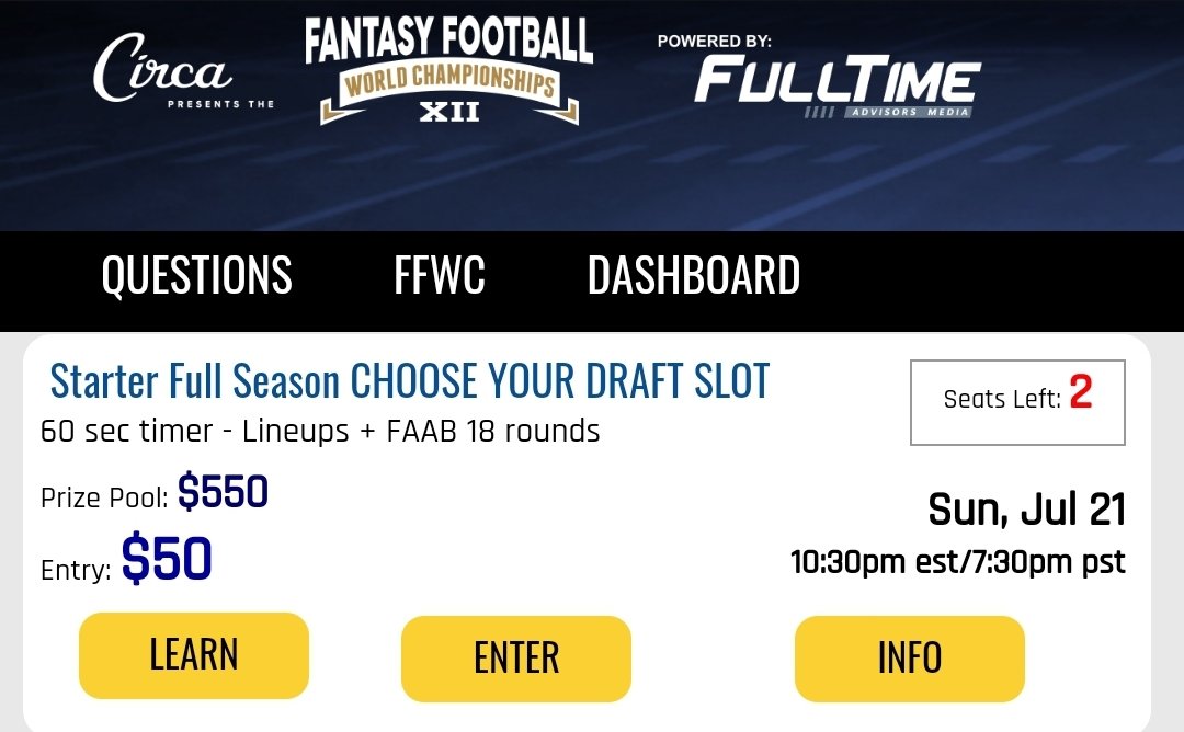 2 seats left in the 1030 Starter League.
play.fulltimefantasy.com/lobby.php