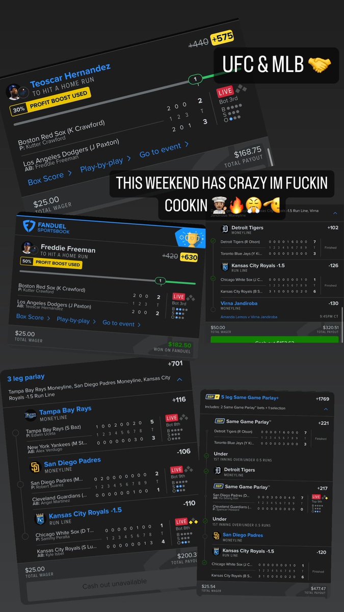 FLIP_RICAN_'s tweet photo. WHAT A FUCKIN WEEKEND 🤝🫡 LFG 😤#GambingTwitter #GamblingX #parlays #UFC2024 #ufc #mlb 💥💥 https://t.co/whzPMrQeBu