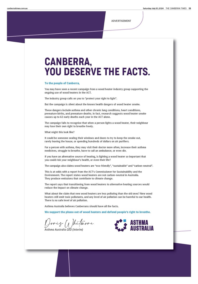 Our ad in the Canberra Times highlights the health risks of wood heater smoke, especially for people with #asthma. Protect your right to breathe and phase out wood heaters.