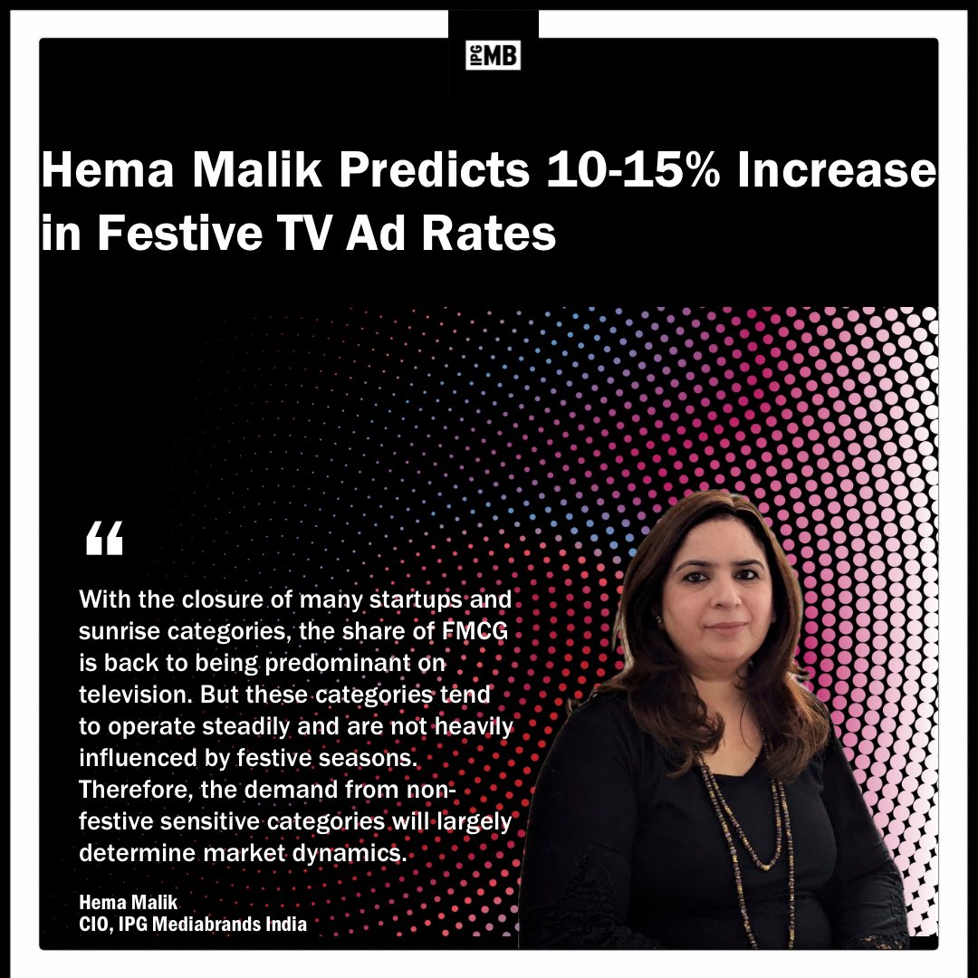 Mediabrands India (@ipgmbindia) on Twitter photo Hema Malik, Chief Investment Officer at IPG Mediabrands India, discusses the expected boost in TV ad rates during the upcoming festive season. She predicts a 10-15% increase in ad rates due to heightened demand for regular entertainment.
🔗 exchange4media.com/amp/advertisin… <a href="/e4mtweets/">exchange4media group</a> Hema Malik, Chief Investment Officer at IPG Mediabrands India, discusses the expected boost in TV ad rates during the upcoming festive season. She predicts a 10-15% increase in ad rates due to heightened demand for regular entertainment.
🔗 exchange4media.com/amp/advertisin… <a href="/e4mtweets/">exchange4media group</a>