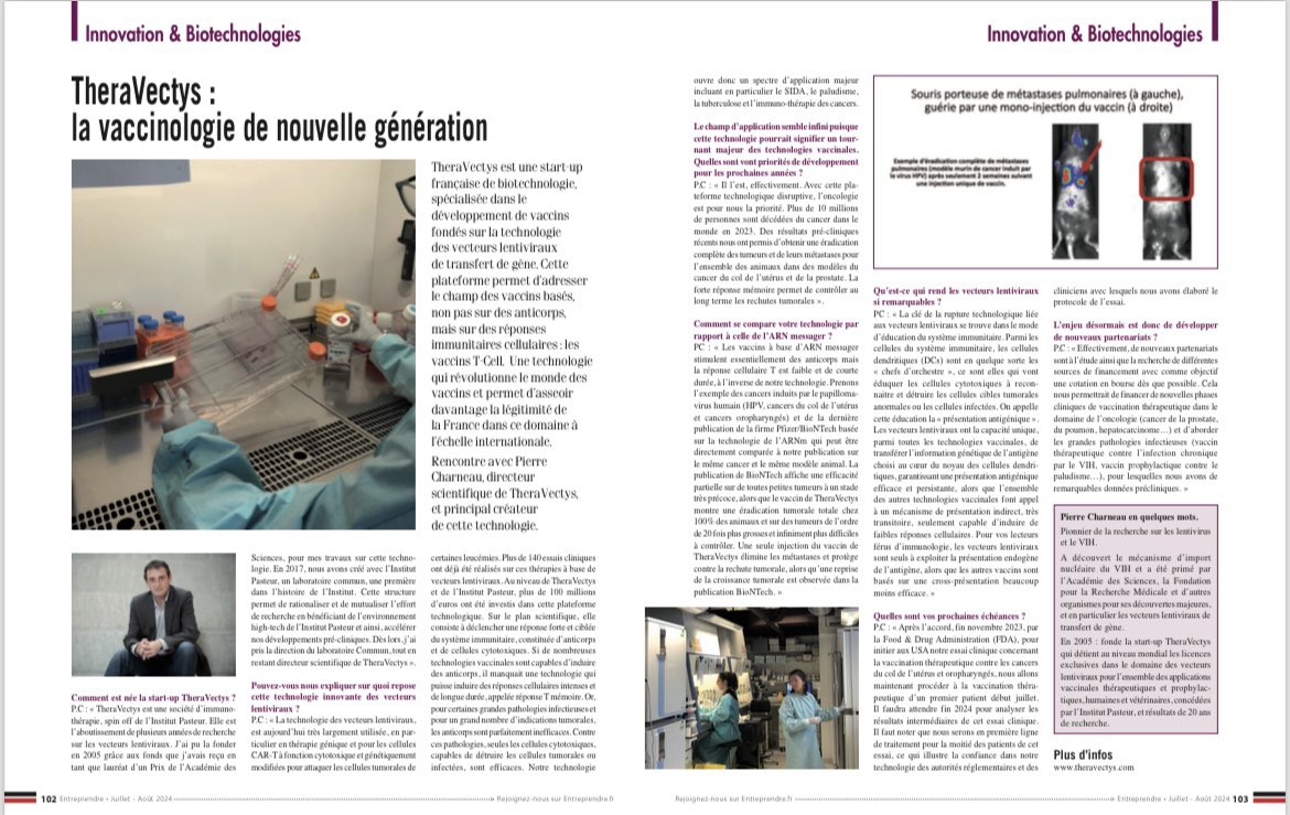 TheraVectys's tweet photo. @Entreprendre dossier Innovation &amp; biotechnologies. TheraVectys: la vaccinologie de nouvelle génération. #theravectys #CancerResearch #vaccin #pierrecharneau @LalehMajlessi https://t.co/UQ3FOsWF2s