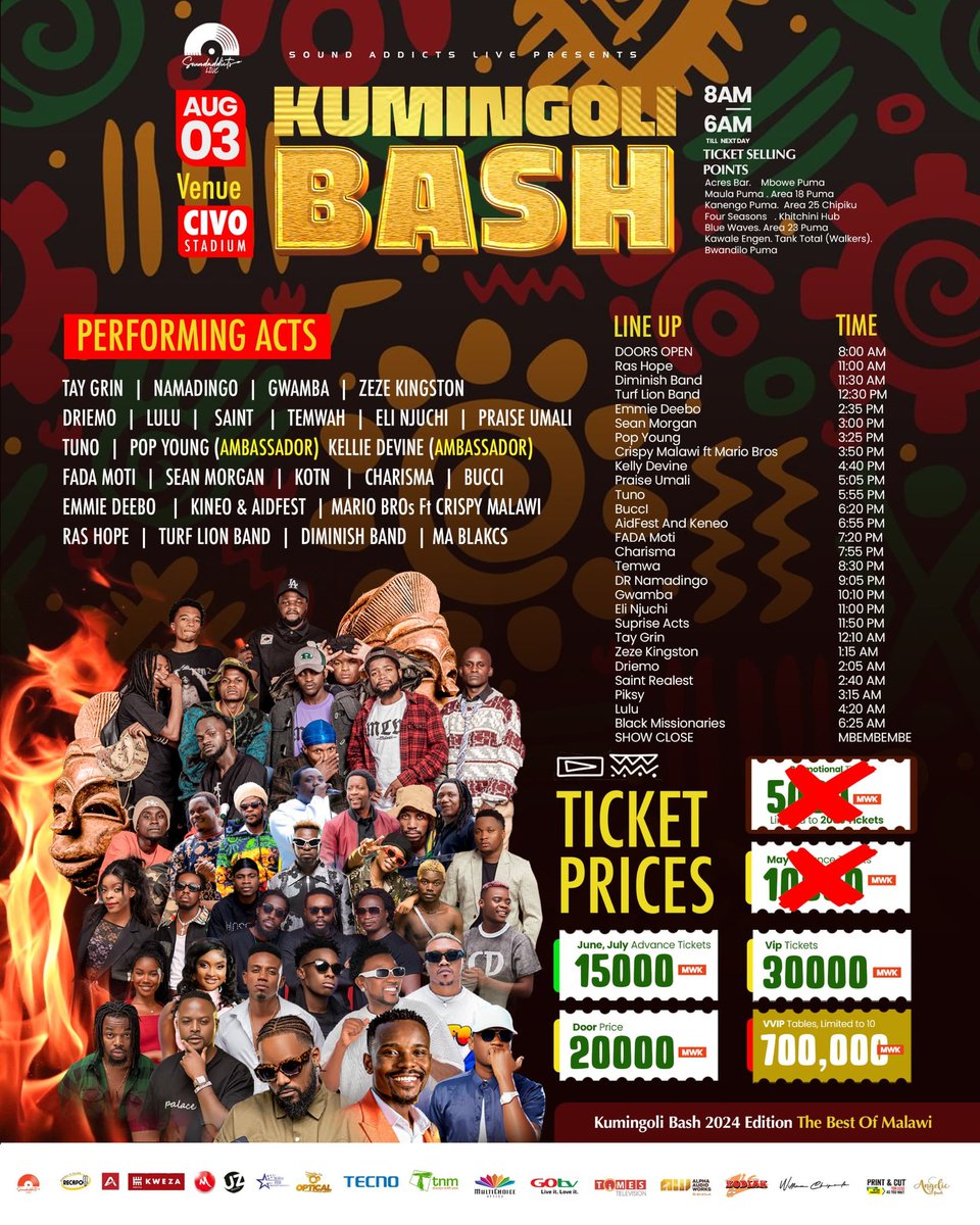 MjaySteven's tweet photo. THE OFFICIAL KUMINGOLI BASH EVENT PROGRAM IS OUT🔥🔥 

Civo stand is the place to be on 4th August 

🎟️ Standard Tickets: K15,000 
   On the door  : K20,000 
🎟️ VIP Tickets: K30,000
(available at your nearest outlet)

#CivoStadium 
#03August 
#KumingoliBash
#GetYourTicketNow https://t.co/MH5CZRuvKe