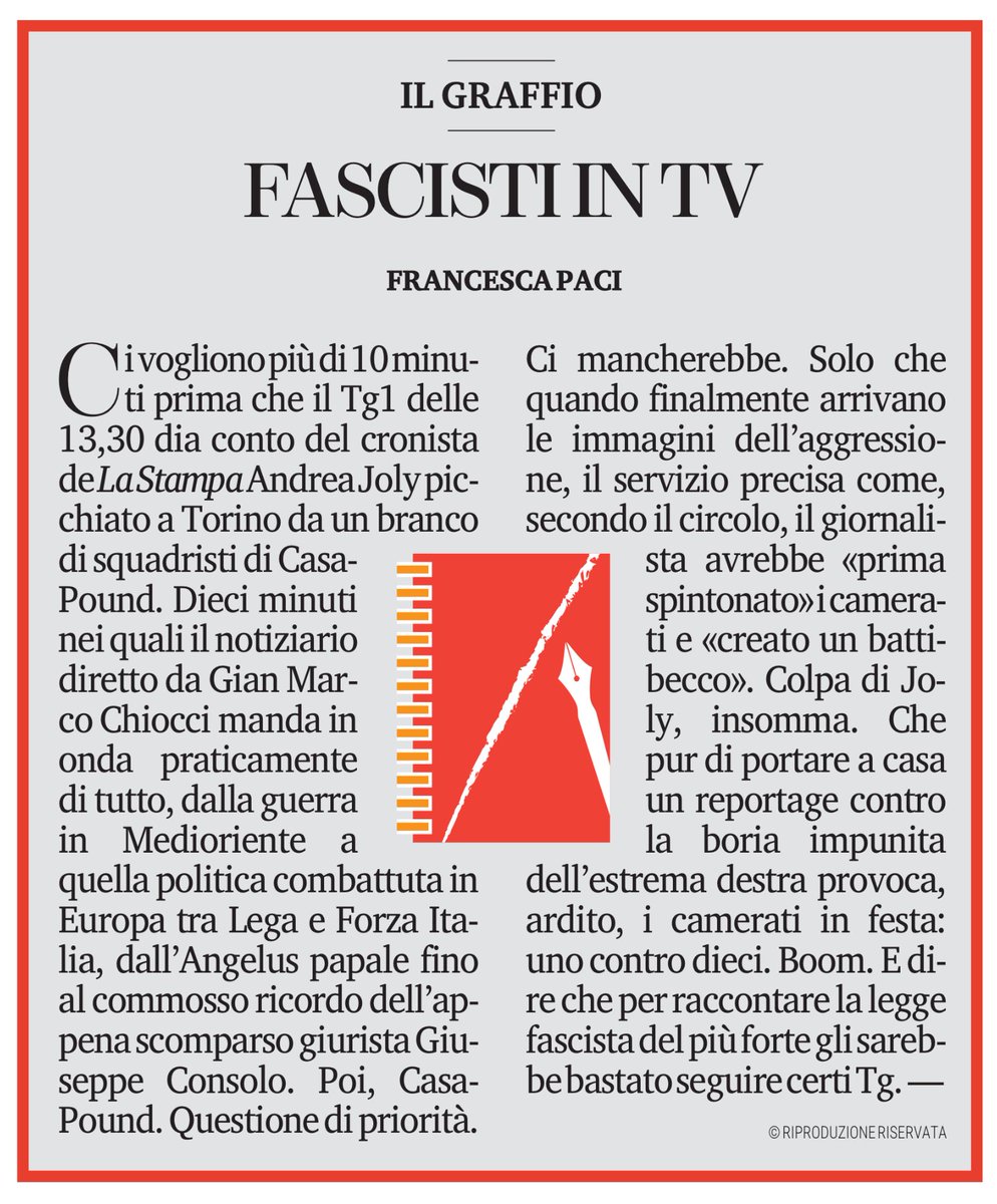 Ieri il direttore del Tg1 ha scritto a Dagospia, per confutare Michele Serra, il quale su Rep si era permesso di definire squilibrato il più seguito media italiano. Ha detto, Chiocci, che prova ogni giorno a fare un tg indipendente. Possibile. Solo che non ci riesce mai.