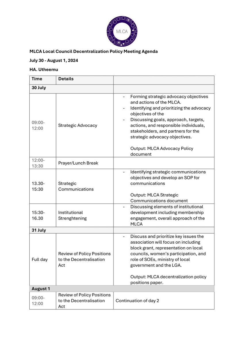 MLCA invites all interested councils and observers to participate in the Local Council Decentralisation Policy Meeting in Utheemu from 30 July to 1 August 2024.

Interested parties please fill the registration form below before 24 July 2024 2pm:

docs.google.com/forms/d/1hxj8e…