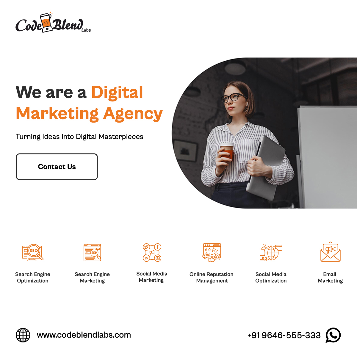 Codeblendlabs's tweet image. Elevate your business with #CodeBlendLabs. Expert services, exceptional results.
👉 DM us or give us a call at +91 9646555333 to discuss your requirements.
#codeblend #codeblendlabsteam #cbl #digitalmarketing #seo #smm #smo #orm #emailmarketing #services #promotions #agency