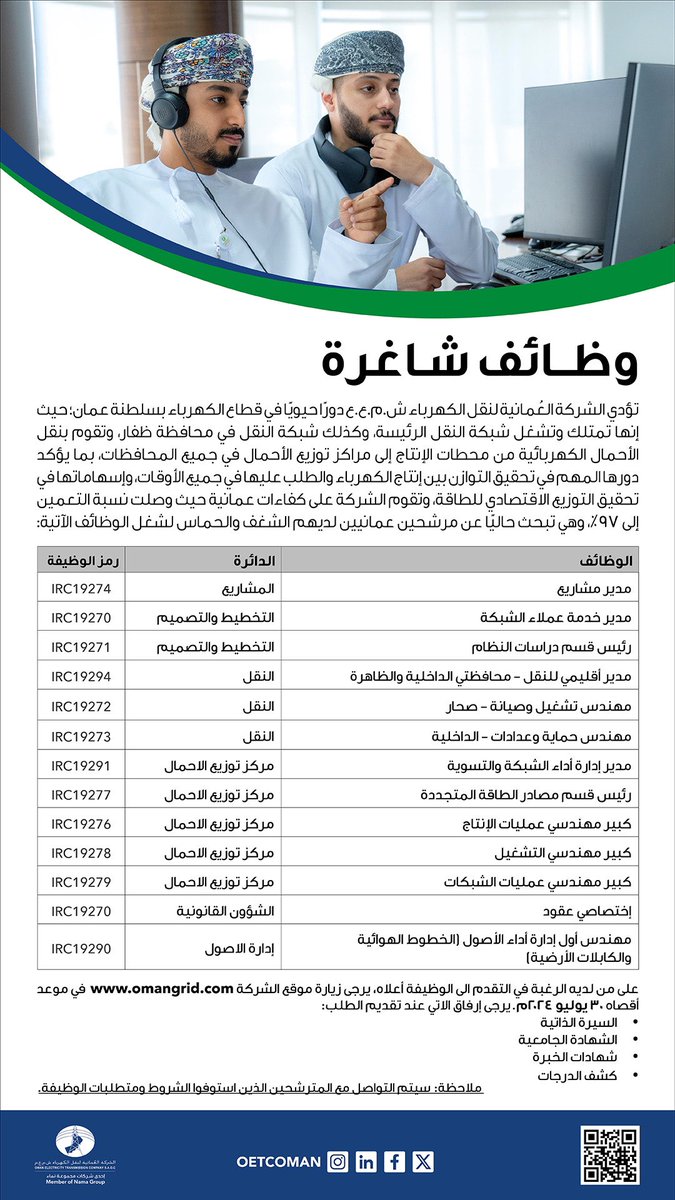 oetcoman's tweet photo. يسرّنا الإعلان عن وظائف شاغرة لدينا..
انضم إلى فريقنا الرائع لتكون جزءًا من بيئة عمل مبتكرة وحيوية. 

استكشف الفرص المتاحة لدينا وتقدم للمنافسة في الشواغر المتاحة!

يرجى زيارة موقع الشركة https://t.co/rJEL431PZZ للتقدم في الوظائف

#العمانية_لنقل_الكهرباء #وظائف_شاغرة https://t.co/5aJSW0DfBD