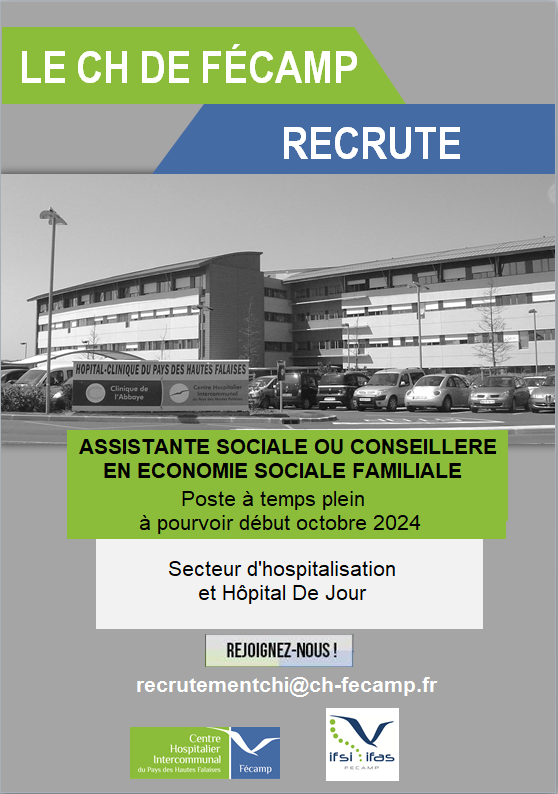 🟡Le CH de Fécamp recrute :

👉ASSISTANTE SOCIALE OU CONSEILLERE EN ECONOMIE SOCIALE FAMILIALE SECTEUR HOSPITALISATION ET HOPITAL DE JOUR.

📷Pour tout renseignement concernant cette offre, rendez-vous sur le site FHF emploi.fhf.fr/emploi/366109

Nous vous attendons !