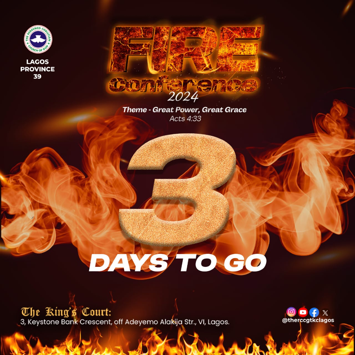 therccgtkclagos's tweet image. 🔥 3 DAYS TO GO! 🔥

We’re almost there! The FIRE Conference 2024 is just around the corner. We are counting down the days and preparing our hearts for a powerful time in God&apos;s presence.

Can&apos;t wait to see you there!

#rccgtkclagos #fireconference