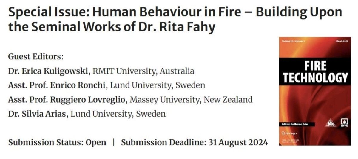 Rino Lovreglio PhD (@r_lovreglio) on Twitter photo The deadline for this special issue on Human Behavior in Fire is approaching soon. Please do not miss this special occasion to acknowledge and honor the memory of Rita.
​
​More info here: link.springer.com/journal/10694/…
<a href="/FireTechnology/">Fire Technology journal 🔥📕 - NFPA SFPE</a> <a href="/GuillermoRein/">Prof Guillermo Rein. 🔥</a> <a href="/Enrico_Evac/">Enrico Ronchi</a> <a href="/ericakul/">Erica Kuligowski</a> The deadline for this special issue on Human Behavior in Fire is approaching soon. Please do not miss this special occasion to acknowledge and honor the memory of Rita.
​
​More info here: link.springer.com/journal/10694/…
<a href="/FireTechnology/">Fire Technology journal 🔥📕 - NFPA SFPE</a> <a href="/GuillermoRein/">Prof Guillermo Rein. 🔥</a> <a href="/Enrico_Evac/">Enrico Ronchi</a> <a href="/ericakul/">Erica Kuligowski</a>