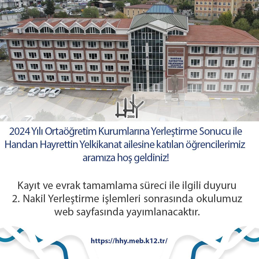 Handan Hayrettin Yelkikanat ailesine katılan değerli velilerimiz ve sevgili öğrencilerimize önemle duyurulur.