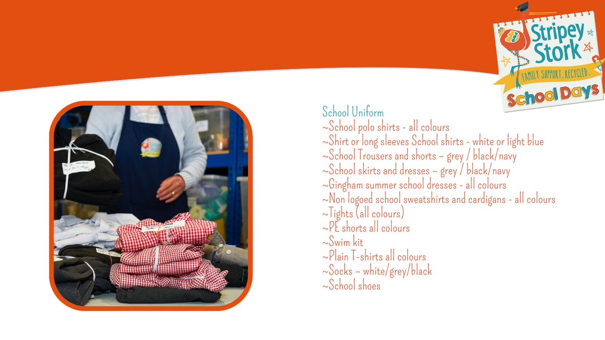 StripeyStork's tweet image. It&apos;s the end of term! Now&apos;s the perfect time to sort out your old school uniforms and donate to us! Last year we distributed 6,000+ items thanks to your support. Please drop off clean, good condition items at our Reigate warehouse. Mon-Fri, 9am-12pm. #BackToSchool