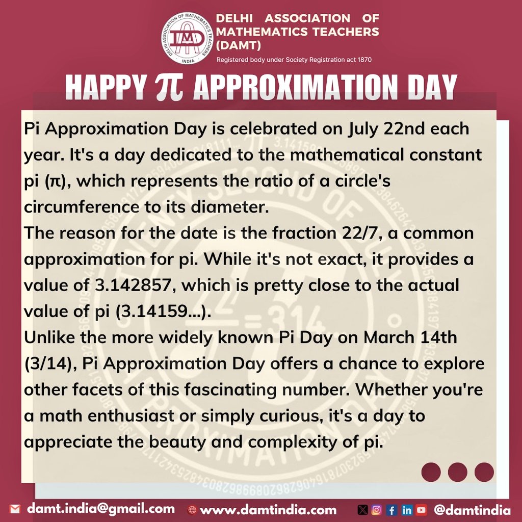 From circles to spheres, π is everywhere! 

Happy Pi Approximation Day! 🎉 

Today we celebrate the beauty of 22/7, a fraction that brings us closer to the infinite wonders of π. Let's marvel at the infinite beauty of mathematics!

#PiApproximationDay #MathMagic
#GanitOdyssey