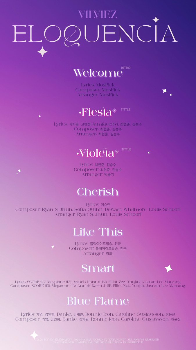 NOVAent_OFC's tweet photo. VILVIEZ (빌비에즈) 1st EP 
“ELOQUENCIA”

💫Tracklist 
#VILVIEZ

☆FIESTA
☆VIOLETA

+*:ꔫ:* 1𝑆𝑇 𝐸𝑃 𝐴𝐿𝐵𝑈𝑀 𝑅𝑒𝑙𝑒𝑎𝑠𝑒 𝑜𝑛
2024.08.02 FRI 1PM KST *:ꔫ:*+

#VILVIEZ #빌비에즈 #TRACKIST #1STEP
#ELOQUENCIA https://t.co/5sIzLSkMEE