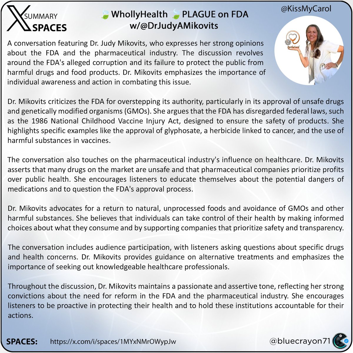 bluecrayon71's tweet photo. 🍃WhollyHealth 🍃PLAGUE on FDA
w/@DrJudyAMikovits @KissMyCarol
Spaces: https://t.co/H3A2XG9Wtx
#FDA #corruption #pharma #publichealth #GMOs #vaccines #naturalfoods #alternativemedicine #healthawareness #individualaction #JudyMikovits #BigoBarnett #DonaldTrump #RobertFKennedyJr https://t.co/rL6pG6Vzac