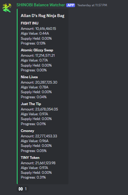 SHINOBIbot_algo's tweet image. How to Be Disappointed:
- Be curious what one of the other devs on the team is holding on Rug Ninja
- Set my wallet watcher to his wallet with his NFD or Raw Algorand address using /set-wallet
- Use /show-tokens
- All the tokens he's holding are actually only for testing and…