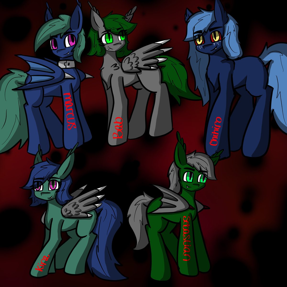 BabBat91's tweet photo. All vamp/bat pones
Marcus, Bab, Chihiro
Marcus and Babs kids Kira and Sebastian
#mlpoc #vampony #batpone #mrsdooggle #glowingeyes #fangs https://t.co/xXruCcqAjA