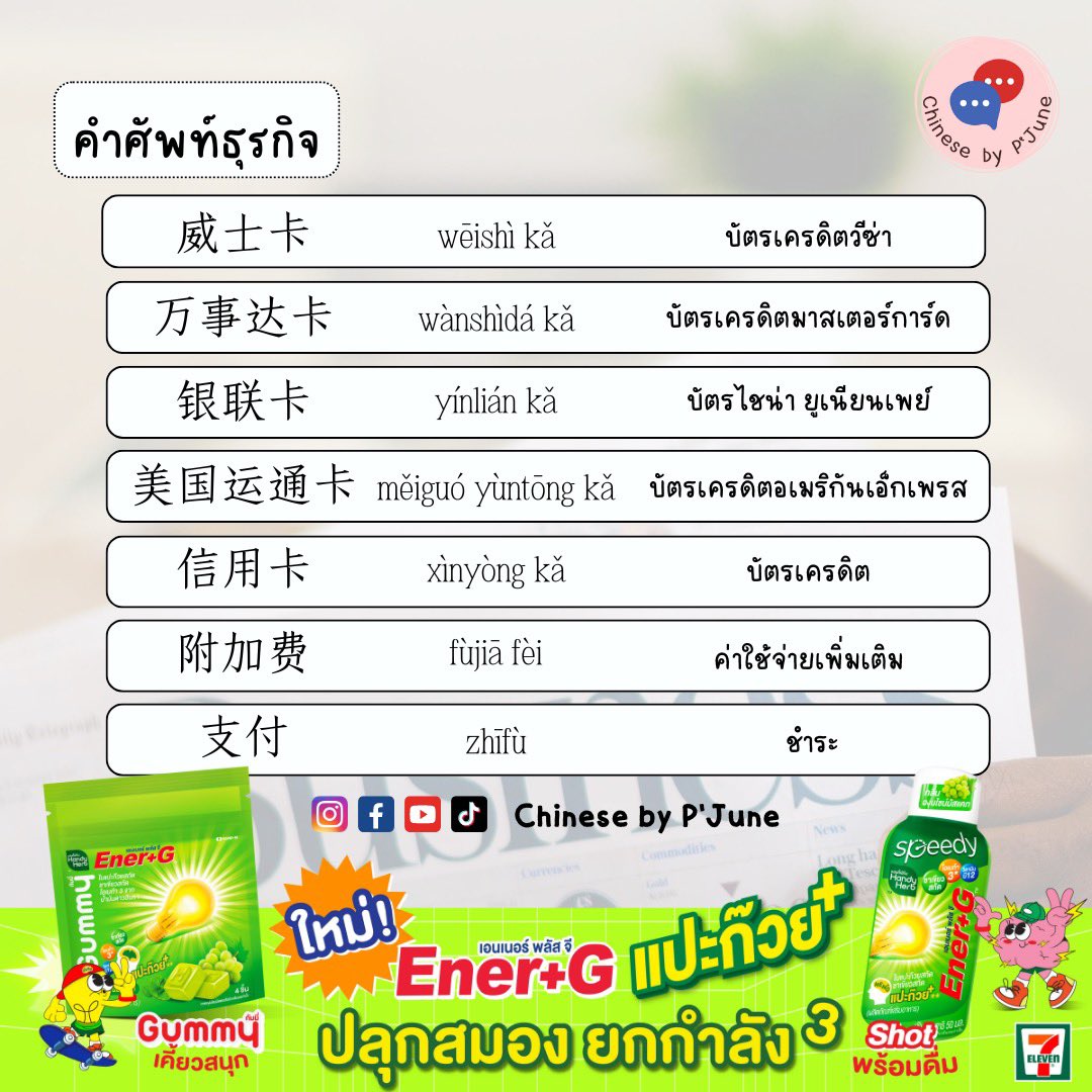 คำศัพท์ธุรกิจ

威士卡 wēishì kǎ บัตรเครดิตวีซ่า
万事达卡 wànshìdá kǎ บัตรเครดิตมาสเตอร์การ์ด
银联卡 yínlián kǎ บัตรไชน่า ยูเนียนเพย์
美国运通卡 měiguó yùntōng kǎ บัตรเครดิตอเมริกันเอ็กเพรส
信用卡 xìnyòng kǎ บัตรเครดิต
附加费 fùjiā fèi ค่าใช้จ่ายเพิ่มเติม
支付 zhīfù ชำระ