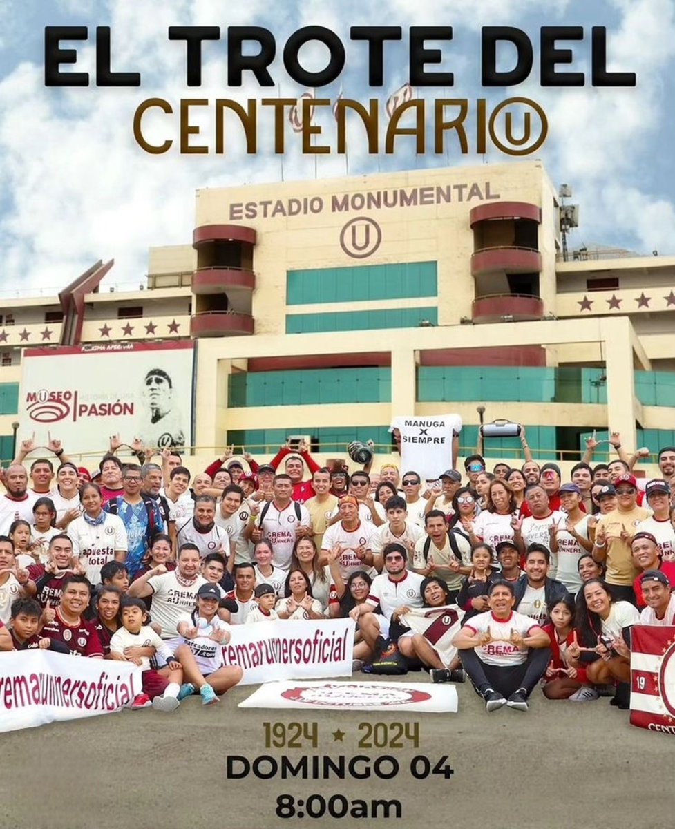 EL TROTE DEL CENTENARIO
Ven a celebrar el Centenario del Unico grande en una mañana de p🅤ra garra y p🅤ro r🅤nning con Crema RUnners
El Trote es completamente gratuito. 
📍Sito: Puerta Occidente del Estadio Monumental 
📌5k
🗓️Domingo 04/08
⏱️8:00 am
✅Requisito: piel de la (U)