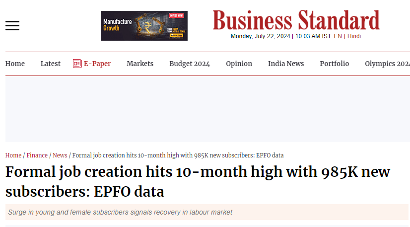 AbhishBanerj's tweet image. This is going unnoticed

EPFO data shows formal job creation at 10 month high!

Almost 1 million new subscribers

58% of them are youth ... jobs being created in formal sector for young people!