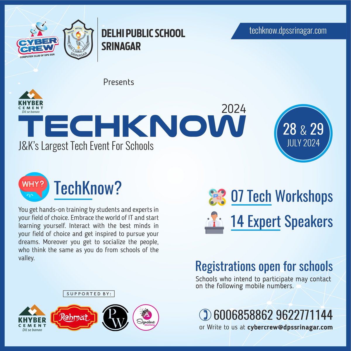 dpssgr's tweet photo. Enroll now for #TechKnow 2024. School registrations are open!
Dates: 28 & 29 July 2024
#dpssrinagar #cybercrew #techevent #technology #dpssgr https://t.co/IuR0XsWha2